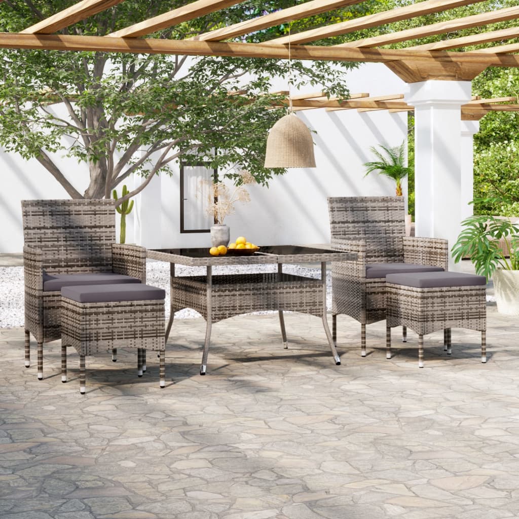 NNEVL 5 Piece Garden Dining Set Poly Rattan and Tempered Glass Grey